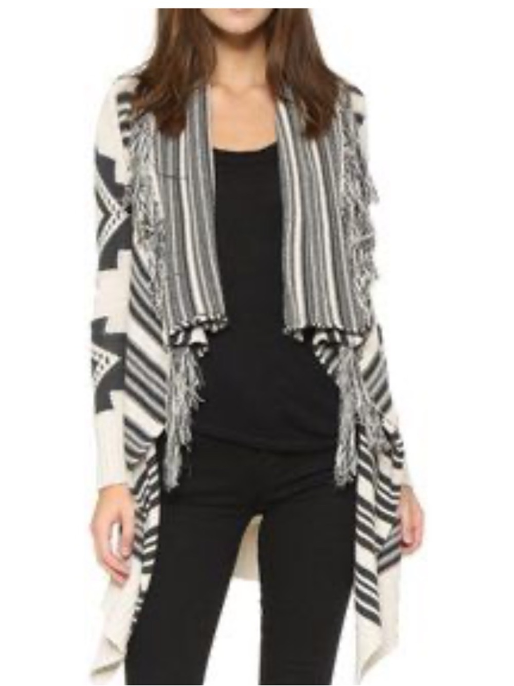 PJ Salvage Black & Cream Striped Aztec Fringe Open Cardigan